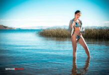 Kely Guzmán modelando en el Titikaka